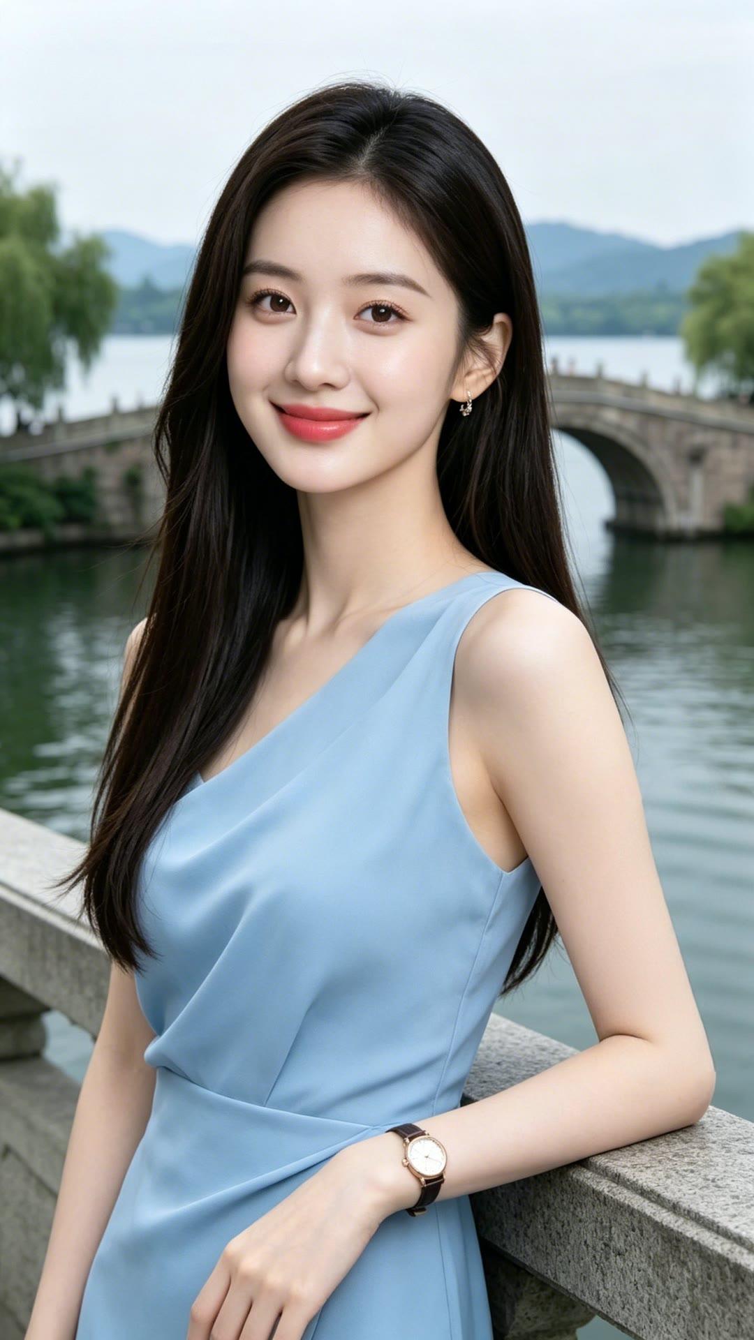 优雅的蓝裙少女，倚靠在湖畔，微笑如画