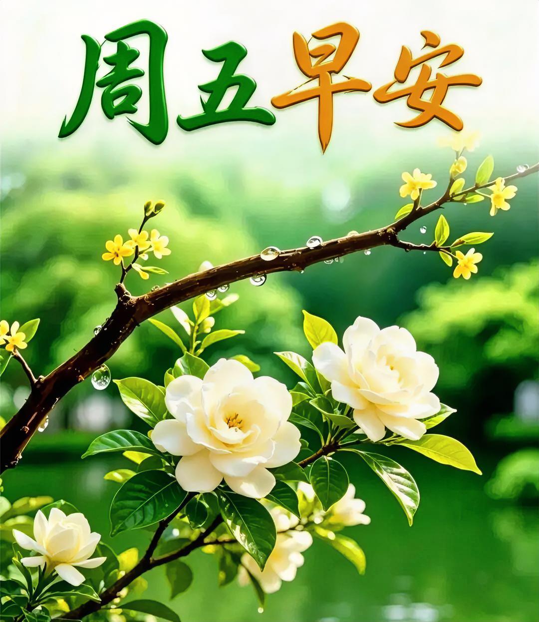 周五早安！枝头花开带露，清新治愈满分，元气满满迎接快乐周末～早安唯美图案分享
