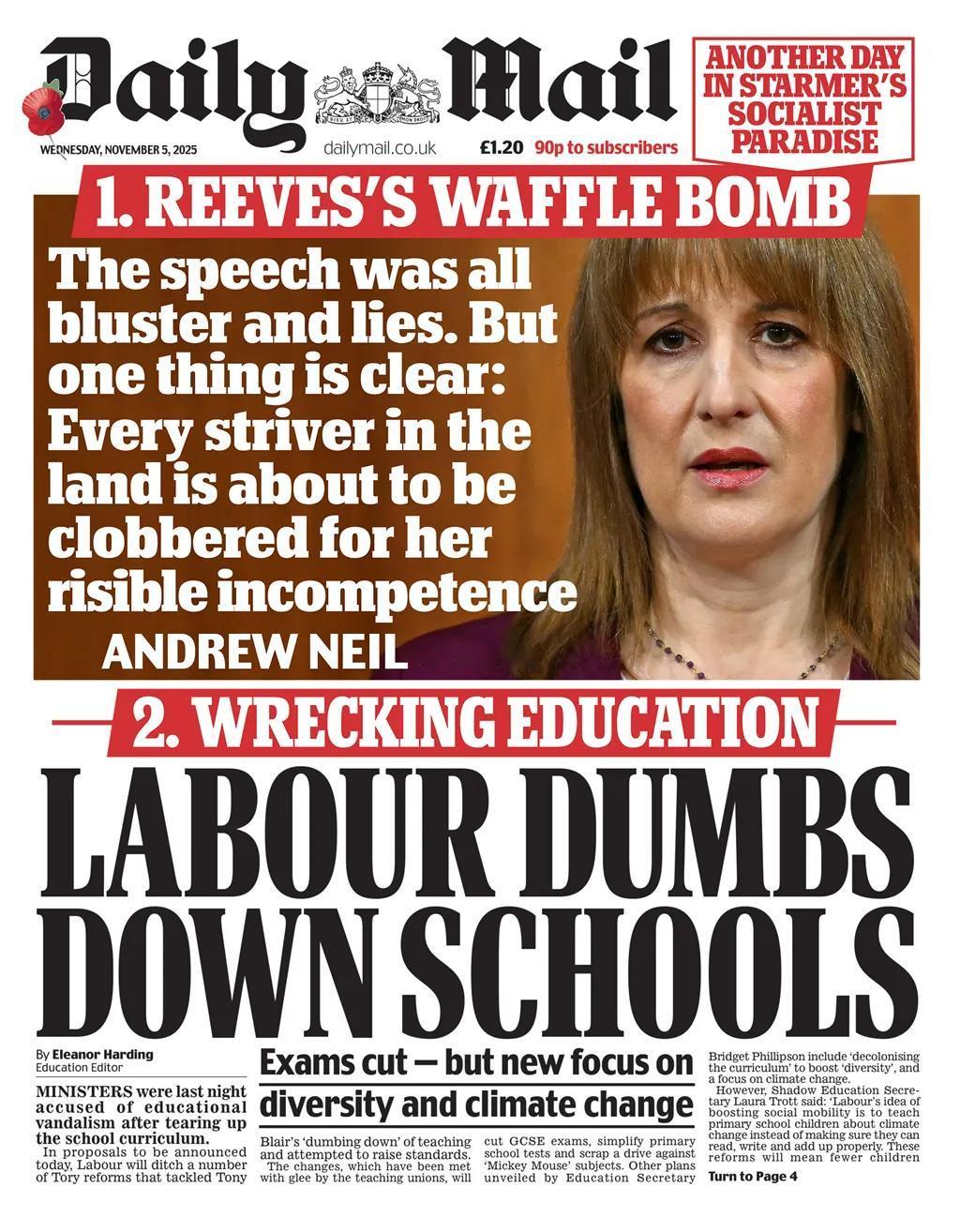 《每日邮报》头版报道，英国财政大臣蕾切尔·里夫斯于2025年11月4日发表演讲，