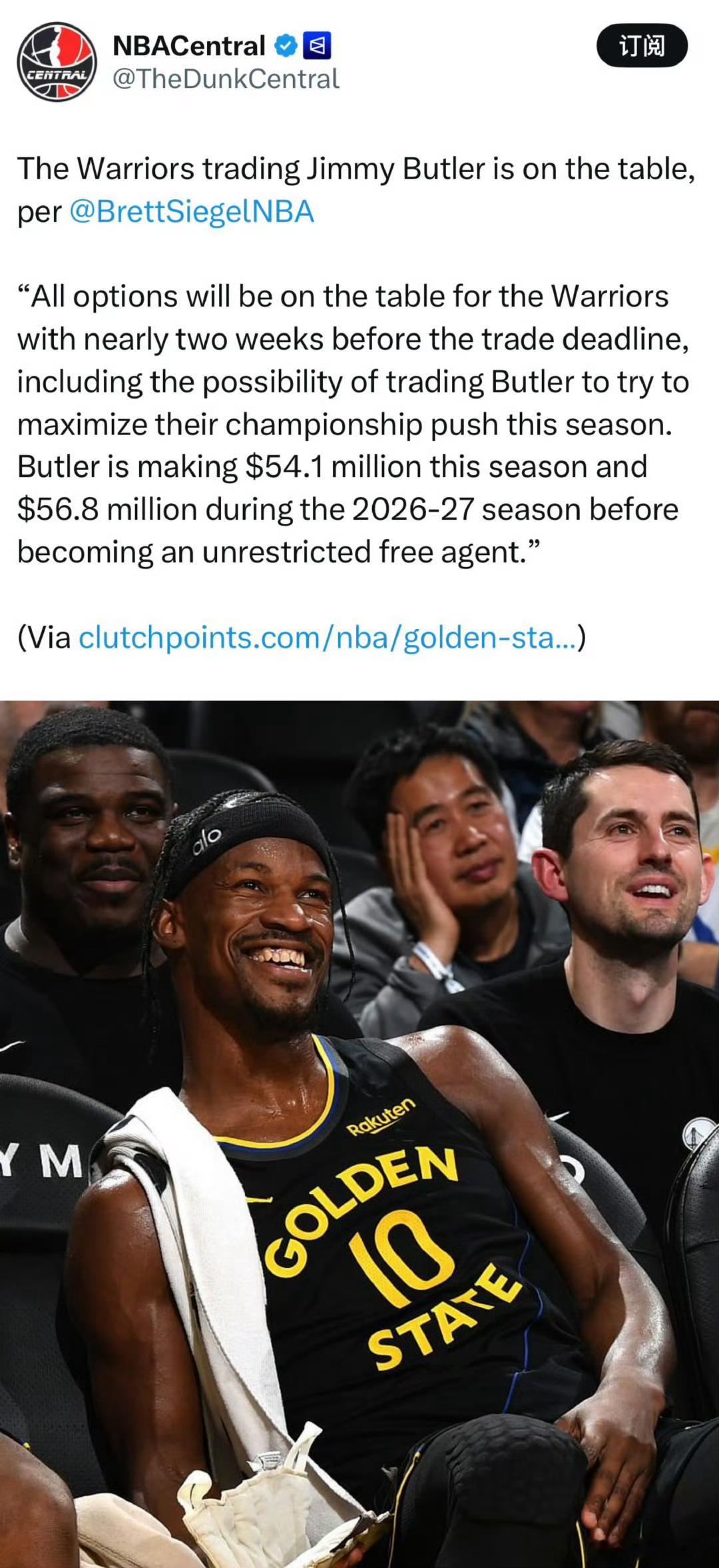 NBA记者BrettSiegel：勇士交易巴特勒已被提上议事日程。距离交易截止