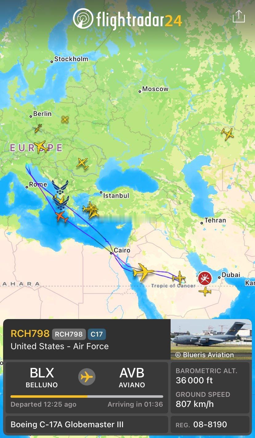 6月18日，据FlightRadar24消息，美国空军的C-17大型军用运输机
