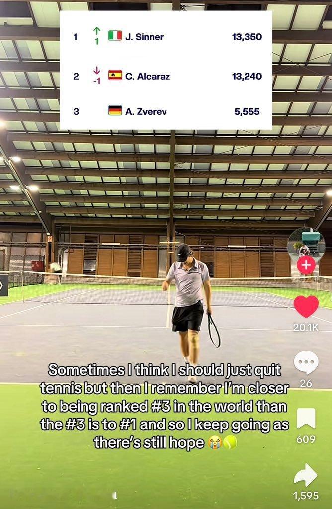 一位叫FranciscoGuerra的选手在洋抖上说：“有时候我想干脆放弃网球