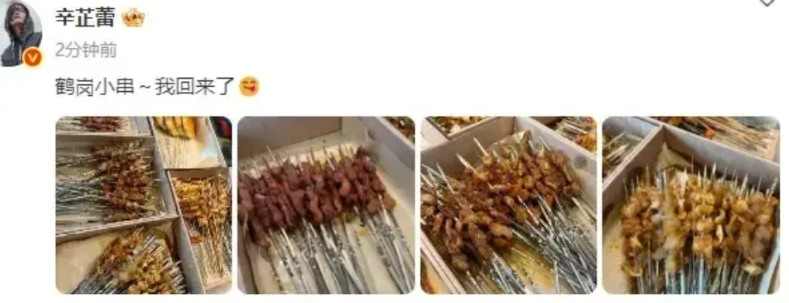 谁不说俺家乡好，点赞辛芷蕾为家乡代言！辛芷蕾11月13日，晒出回老家鹤岗撸串