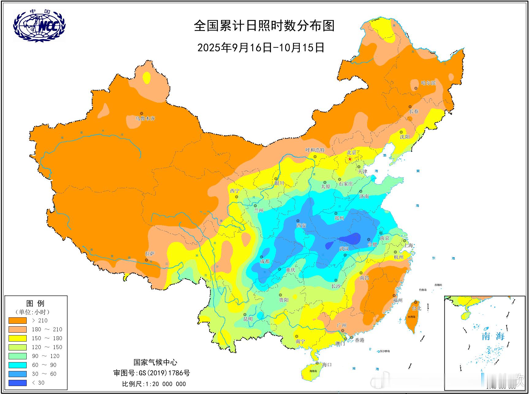 【黄淮等地日照显著偏少】最近1个月（9月16日-10月15日），陕西河南山东江苏