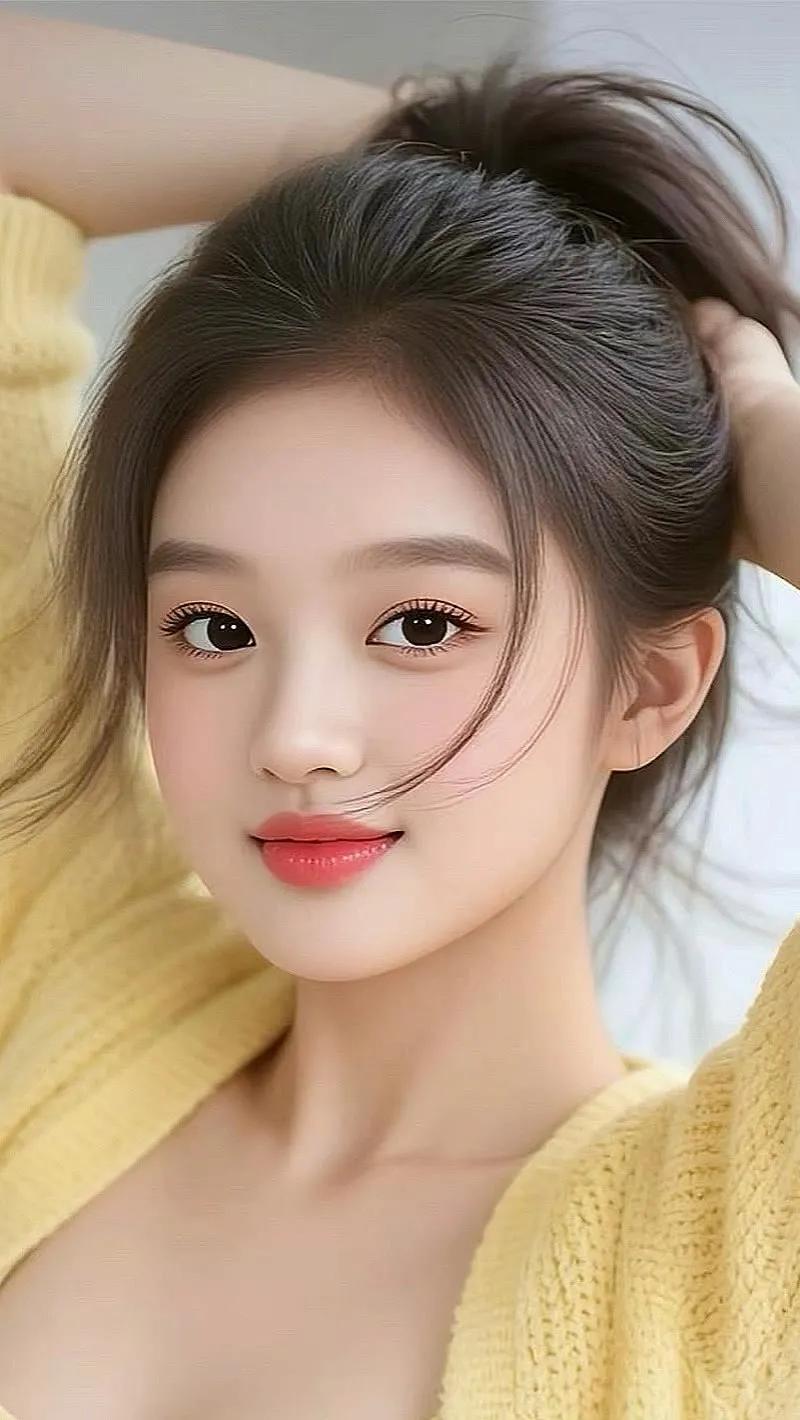 这姑娘扎着头发，笑得好甜啊！