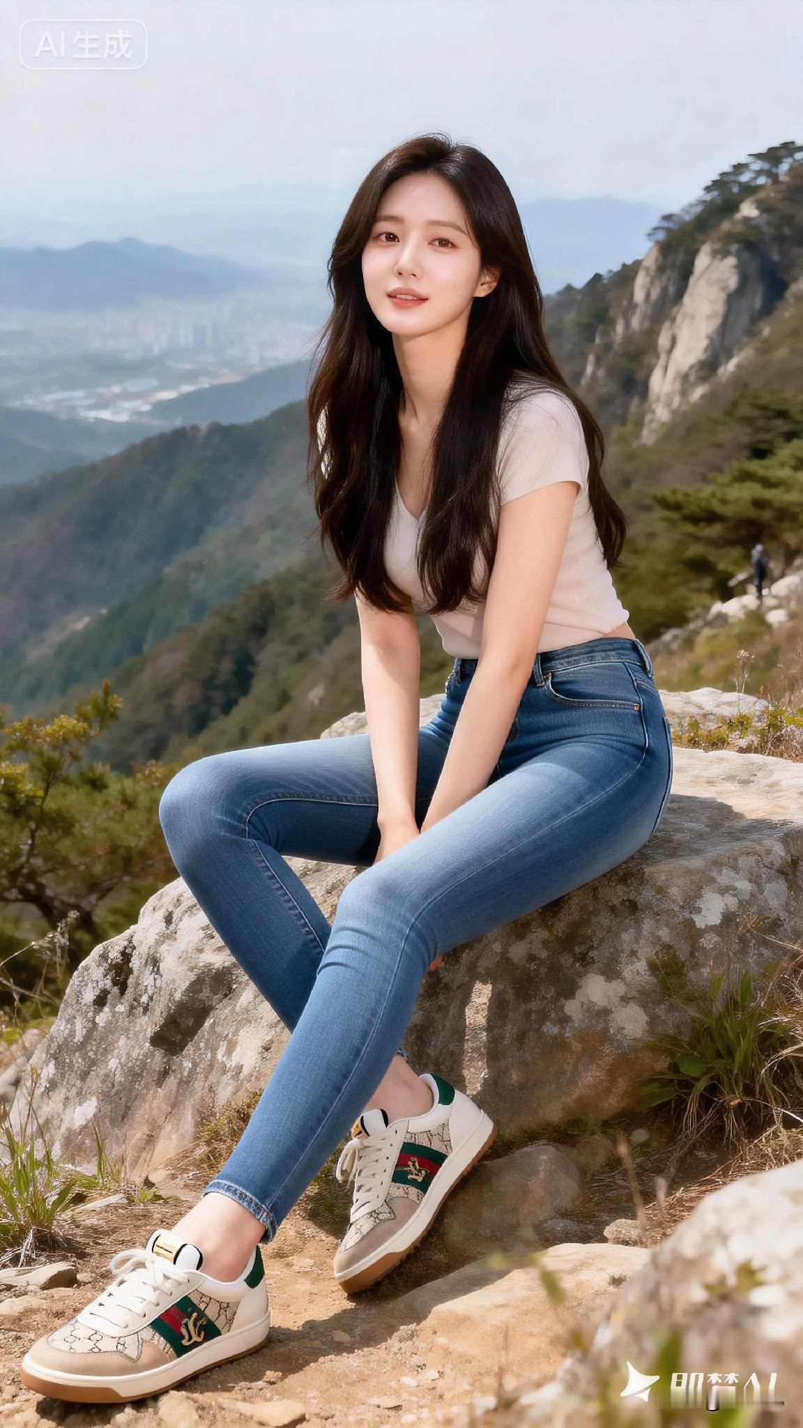 她旅游途中走的累了，于是坐在山上休息休息，以朴素优雅的姿态对话自然，叩问生命质朴