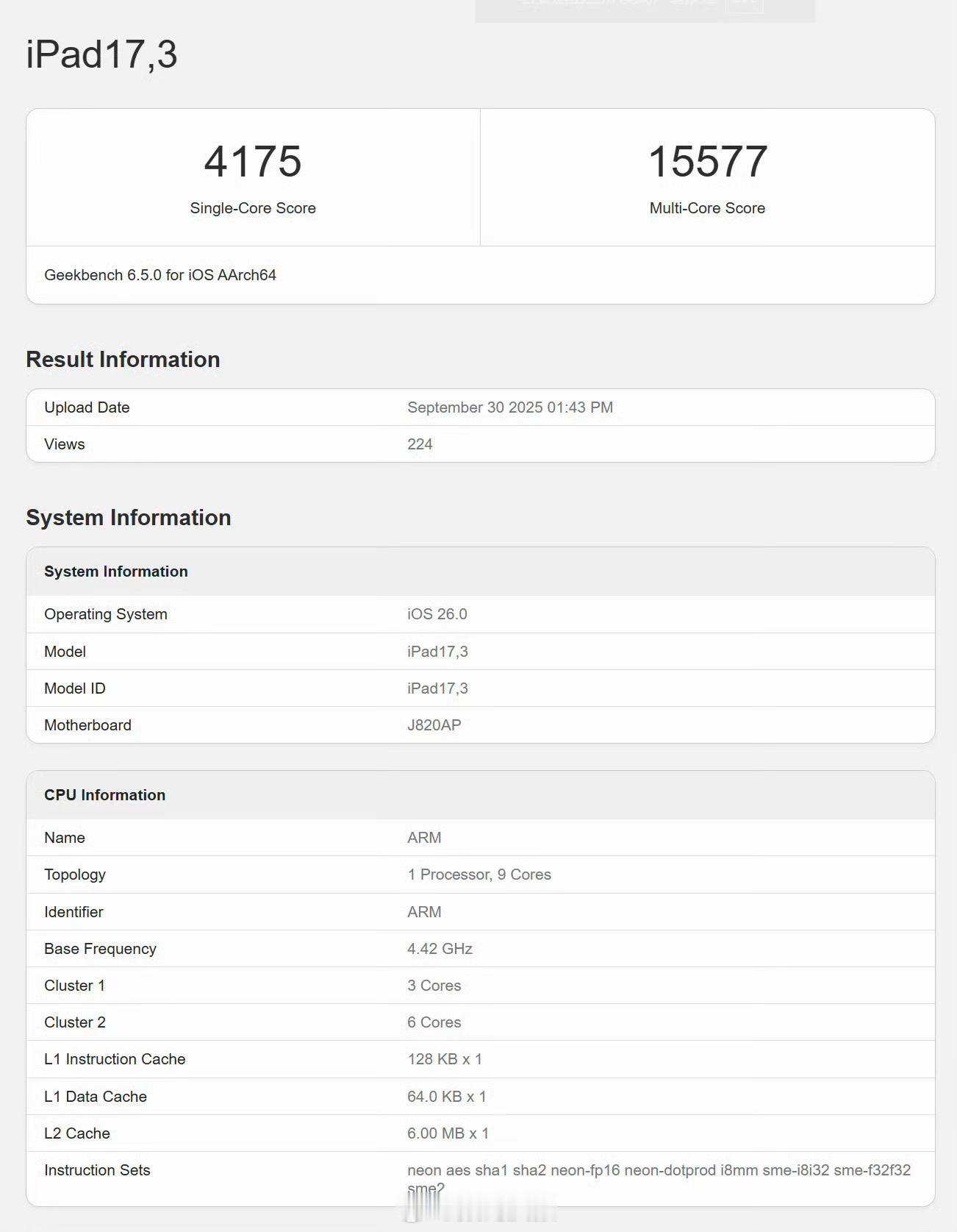 苹果M5芯片跑分（12GB全新iPadPro）9核，主频高达4.42GHz单
