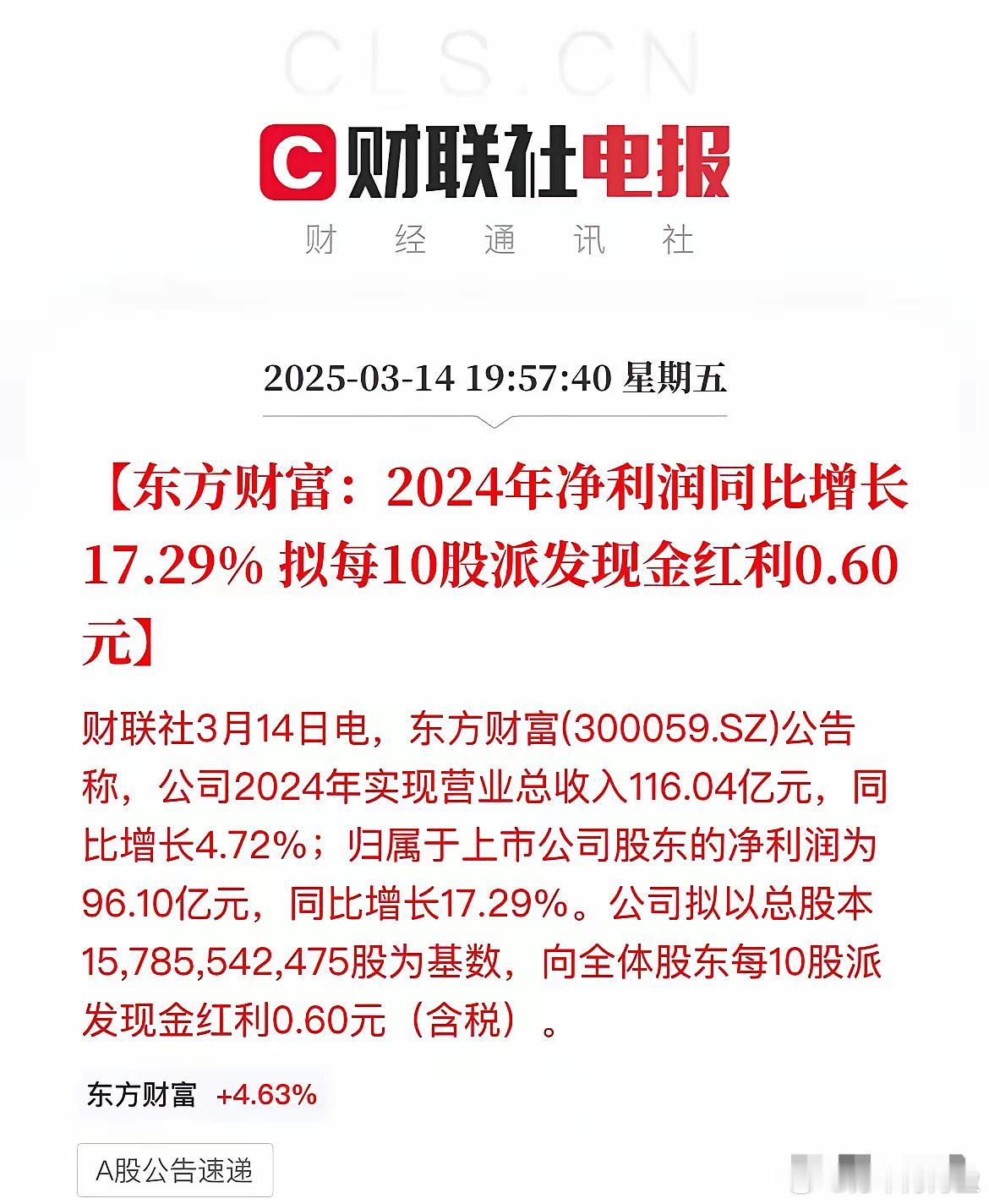 东财还是牛啊！收入116亿，直接利润是96亿，全年就花了20亿东方财富发布公告，