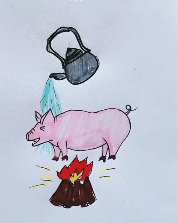 〔看图猜成语〕图中画面真逗乐；小壶就把猪头浇；底下柴火还燃烧；根据画面猜