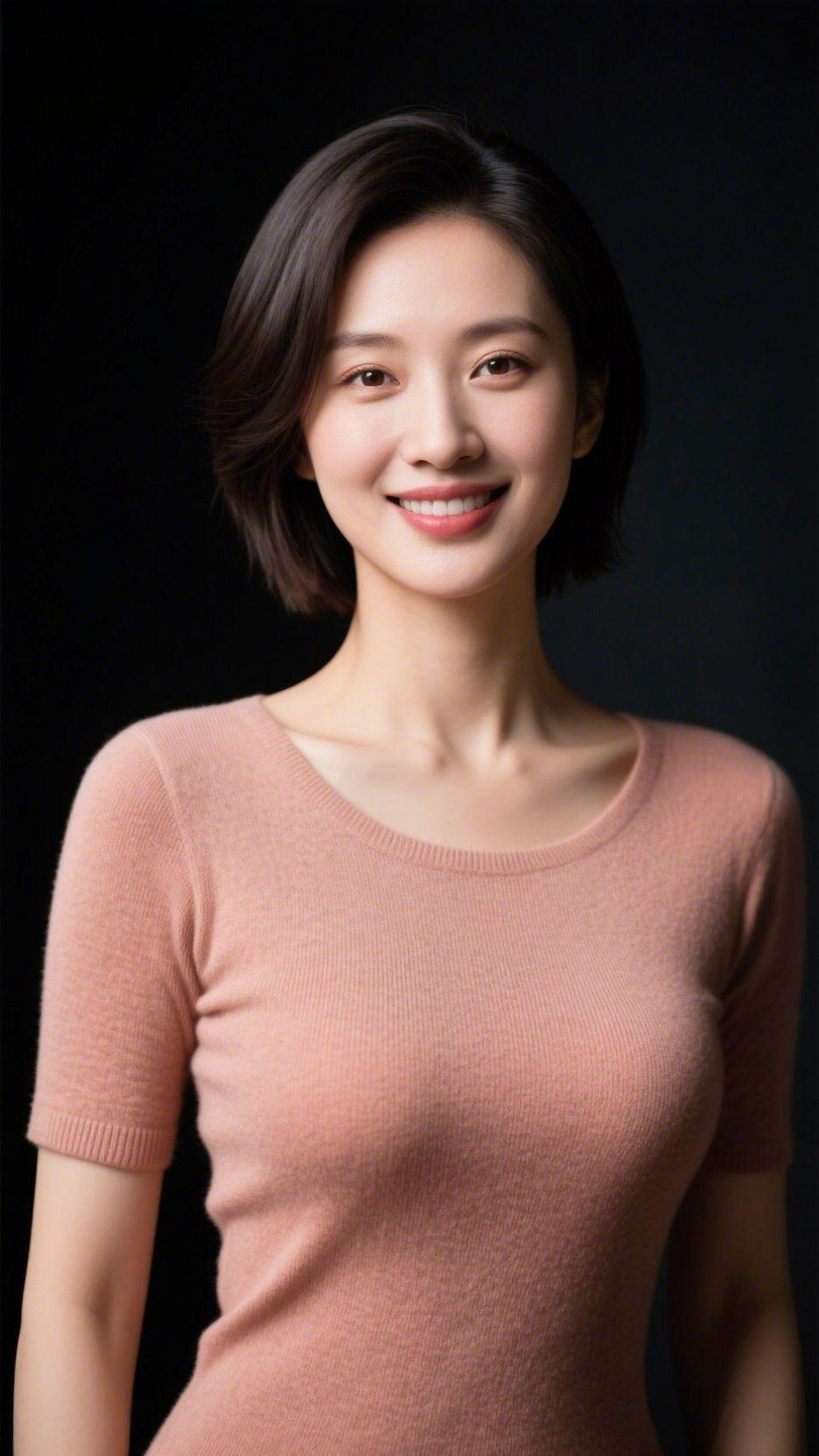 暖粉柔光裹清宁沉暗的底色间，她立于轻缓的光里。暖粉衣身裹着舒展的温婉，针织