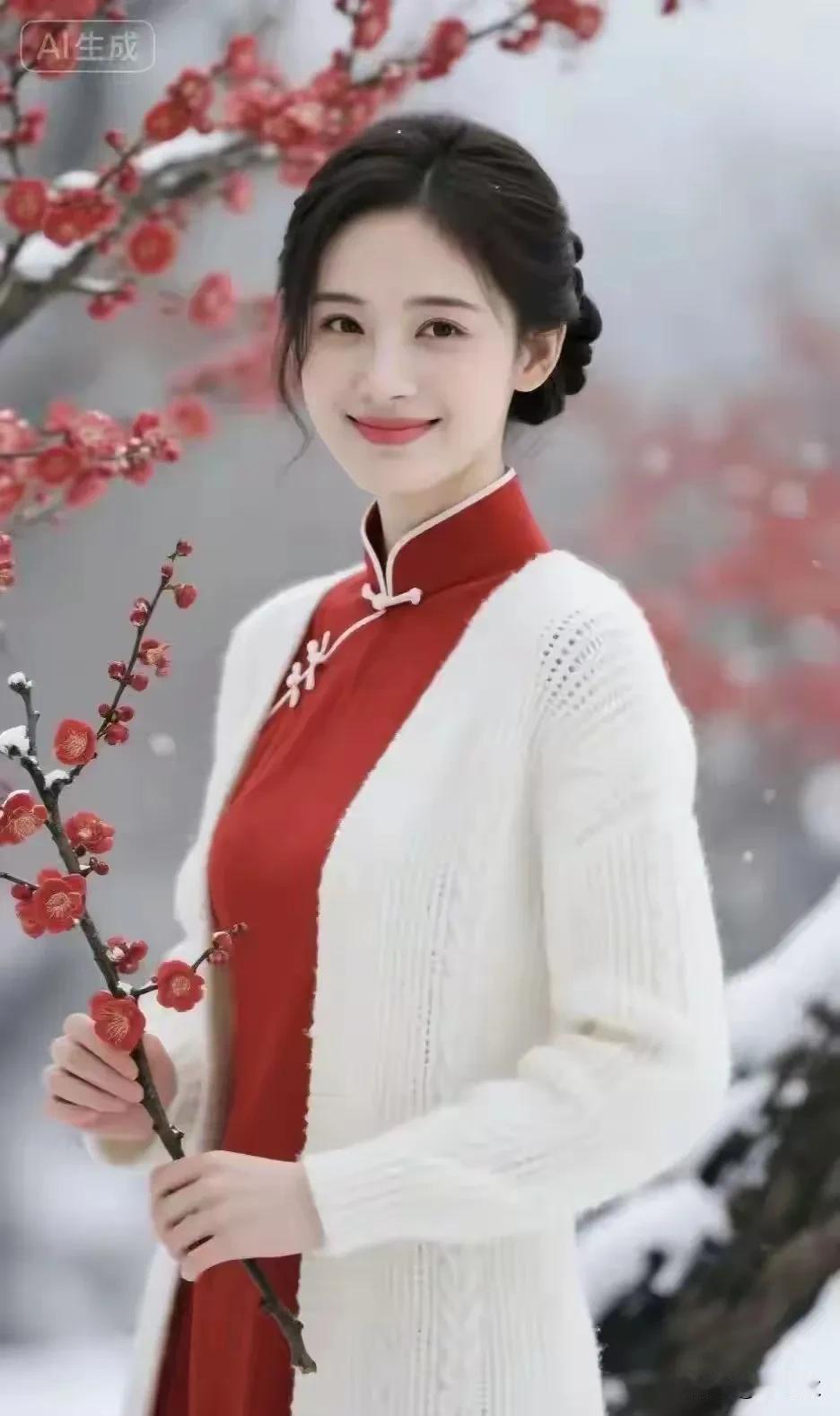 梅花欢喜漫天雪，飘飘洒洒降人间。旗袍美女折琼花，花容月貌若嫦娥。