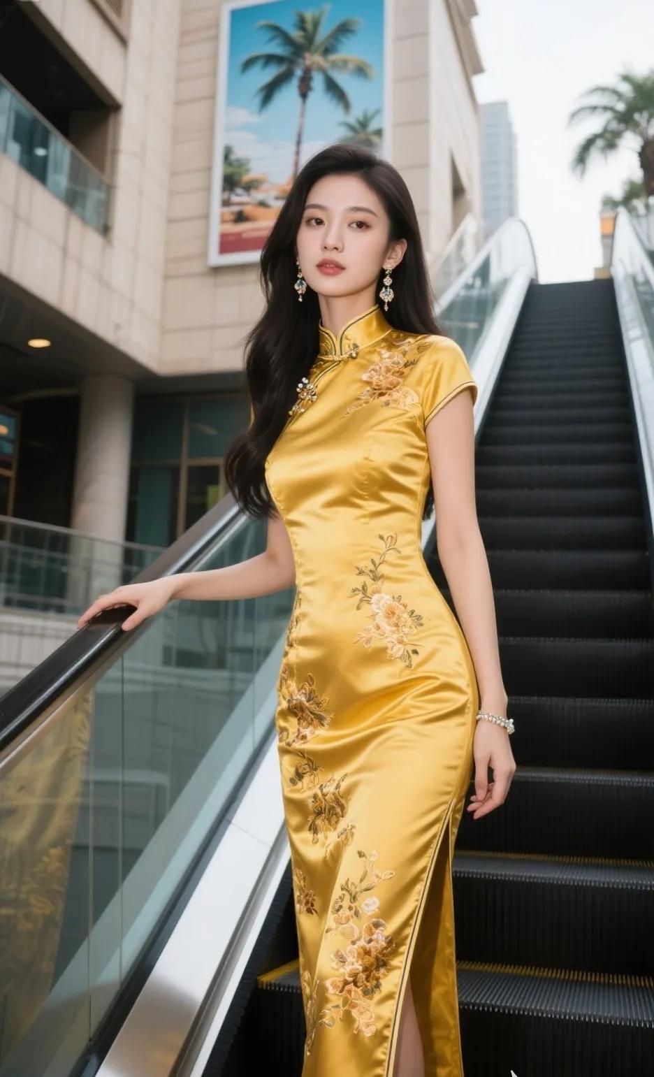 太美了，这姑娘穿着旗袍走下自动扶梯新中式旗袍美女旗袍旅游旗袍秀一美女旗