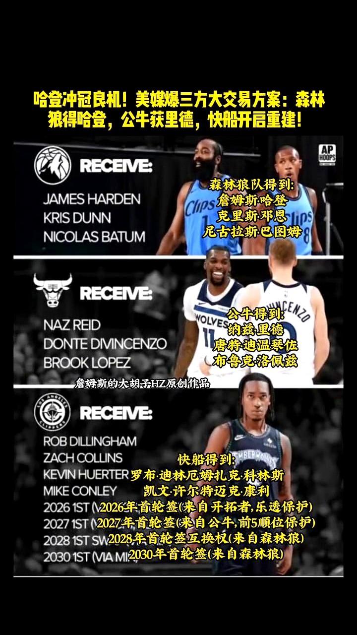 哈登冲冠机会真的要来了？美媒刚爆的三方大交易直接炸锅！森林狼要拿里德、迪温琴
