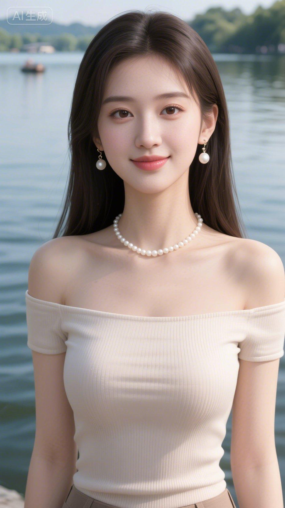 夏日清新穿搭，珍珠耳环和项链点缀，湖边美景作背景，优雅动人。
