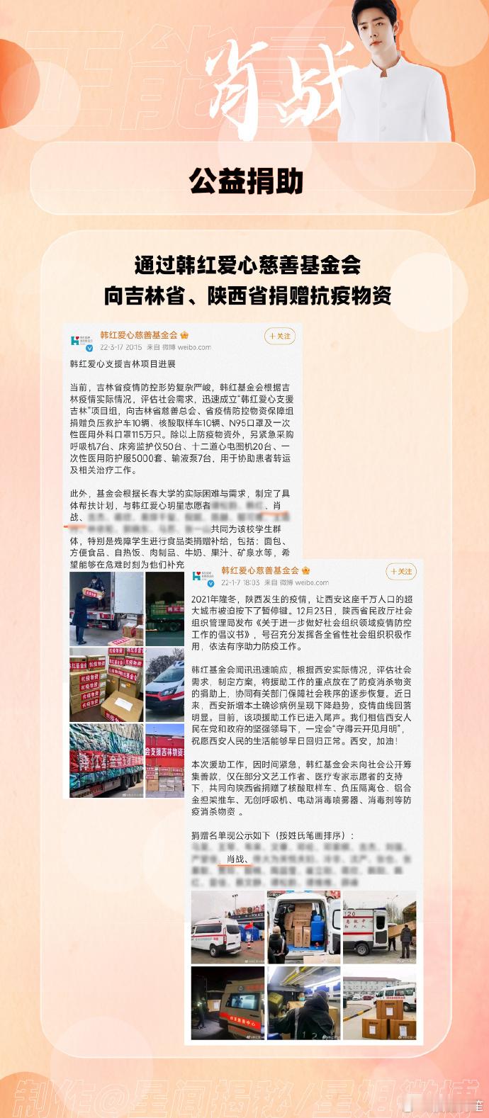 每次灾情捐款一定少不了的就是肖战的援助，从捐款到捐物资，他永远都是走在第一位及时