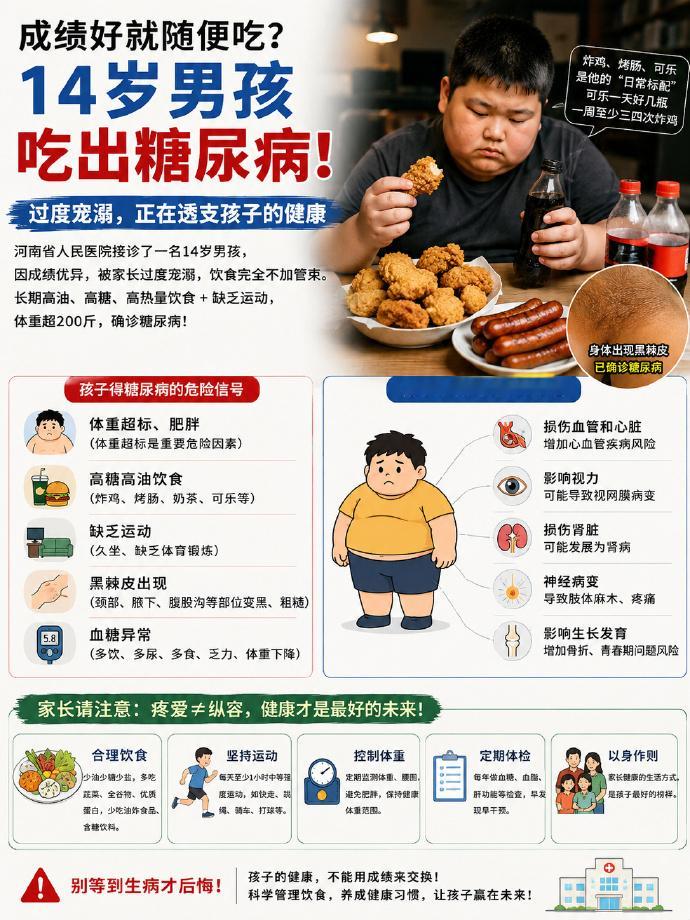 成绩好就随便吃14岁男孩吃出糖尿病如今很多家庭只顾孩子考试成绩，一味迁就孩子的