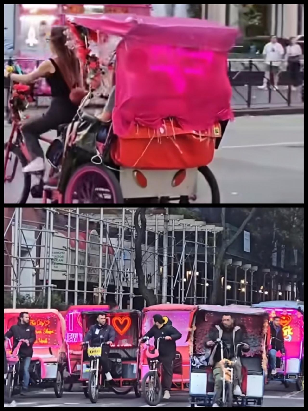 近日，美国纽约街头，人力三轮车成为城市特色交通方式之一，有游客称，车夫都是计时收