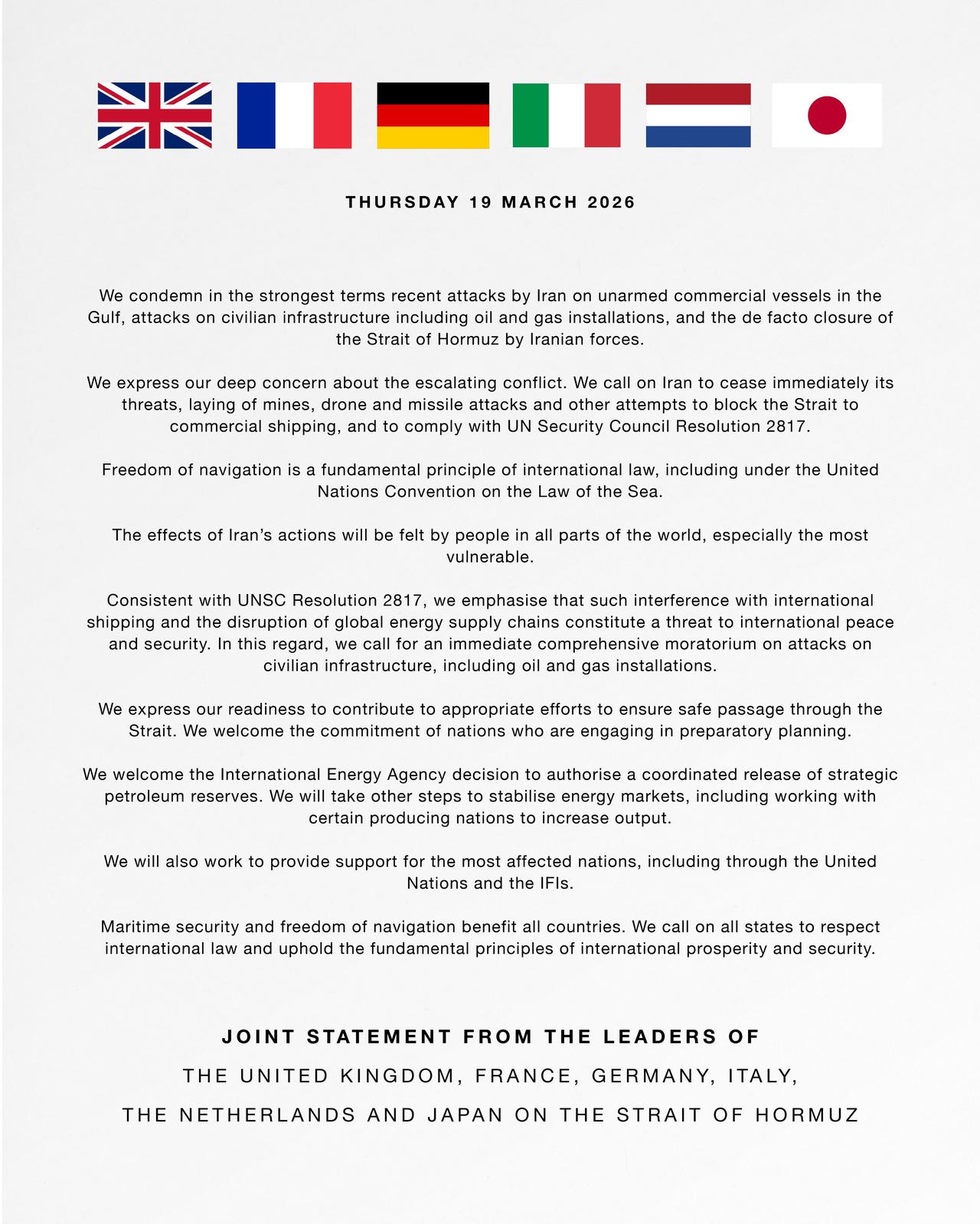 突发新闻——当地时间2026年3月19日，英国、法国、德国、意大利、荷兰、日本六