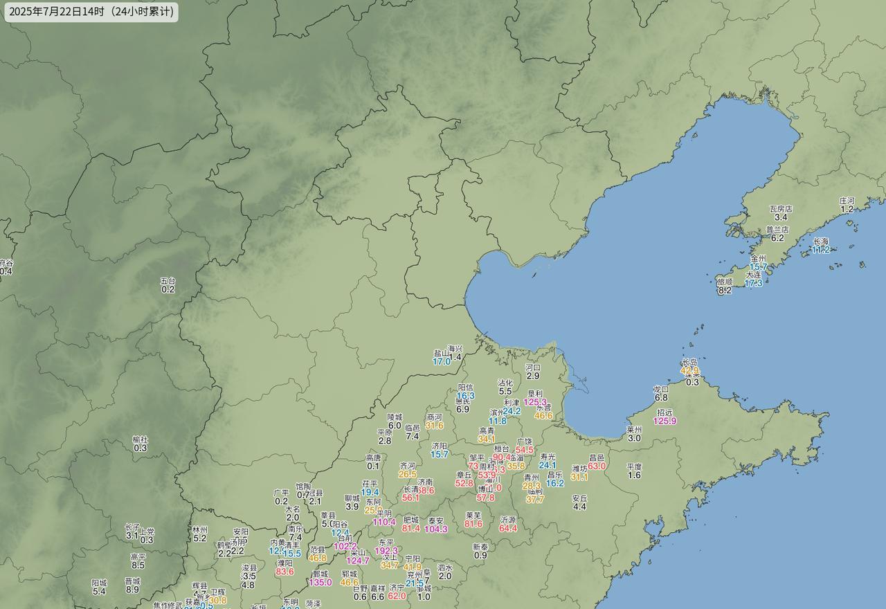 昨天至今华北黄淮的强降雨带依旧维持在山东中部地区，且强降雨区域和前一天基本重合，