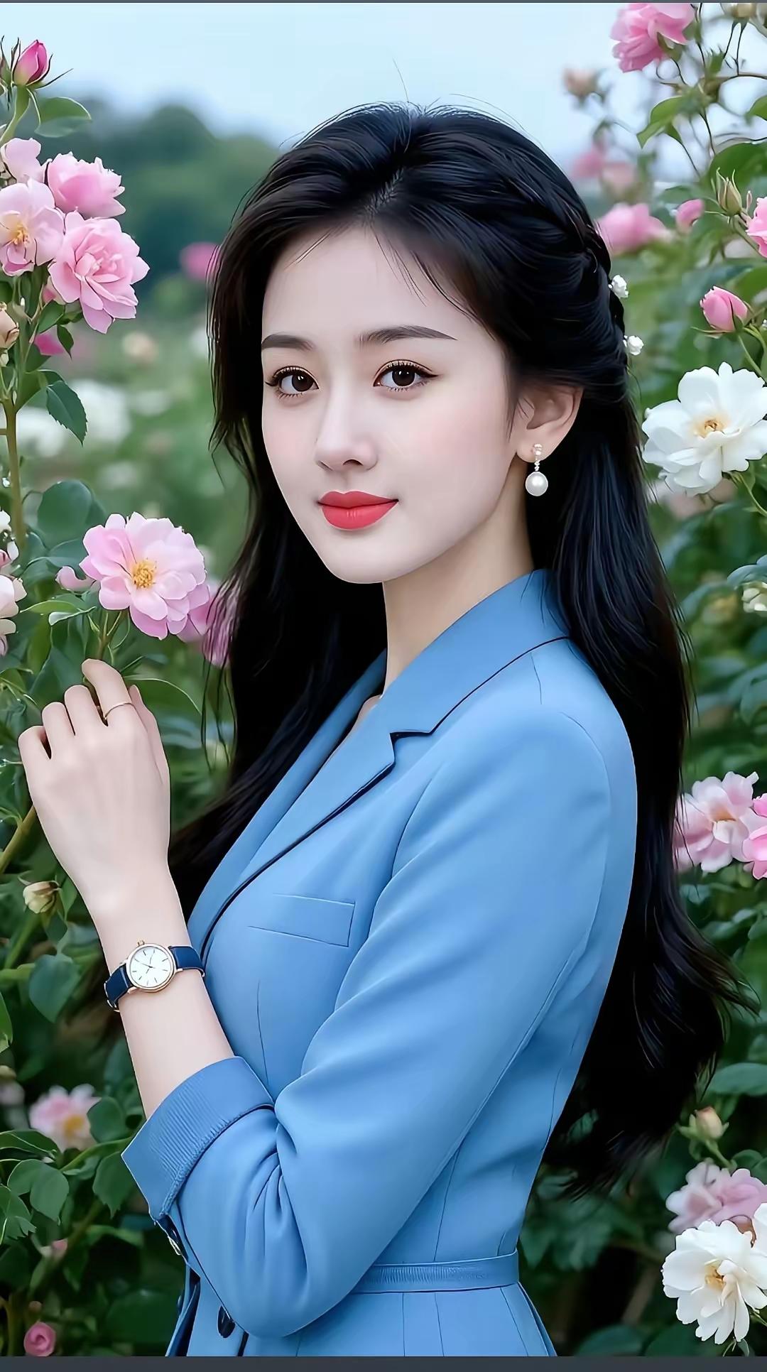 这位美女在花丛中拍照真漂亮。