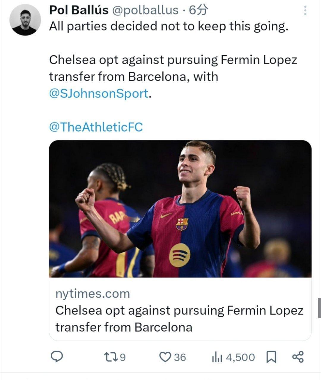 TheAthletic：切尔西退出对费尔明的追求。费尔明将留在巴萨❤️💙巴萨
