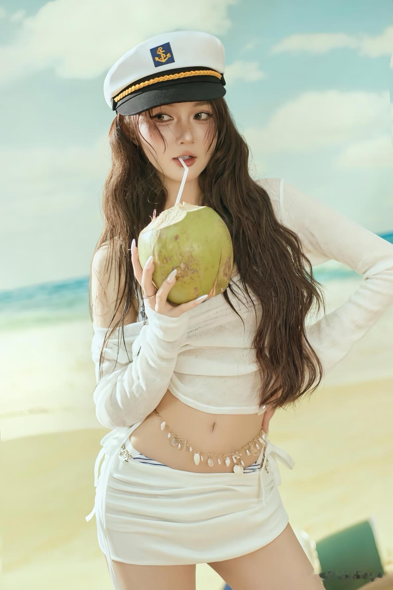 夏日海滨，椰风轻拂，少女悠然自得。