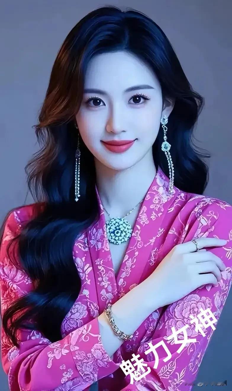 女人味的魅力在哪里?玫红印花衣裹着万种风情，珠宝在光影里熠熠生辉，卷发如墨瀑般