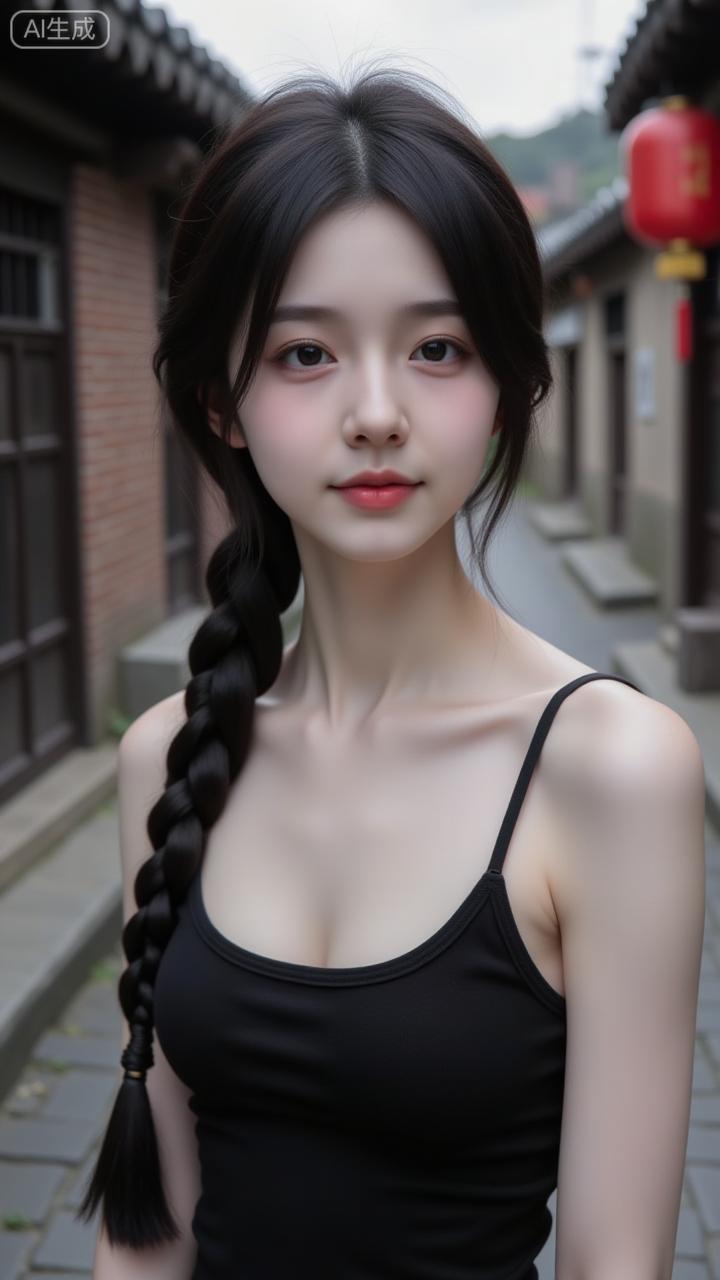 古巷里的清冷系美人黑背心配长麻花辫，简约里藏着干净的气质~金环耳饰添了点精