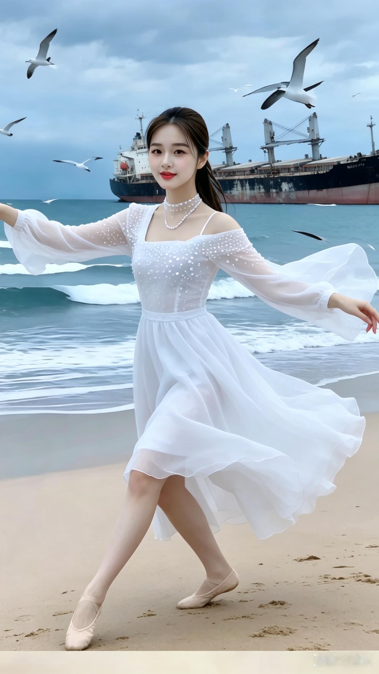 《观海舞》素袂轻飘踏浪至，惊鸿妙舞映潮启。鸥音和韵意皆宁，船影随波心自拟