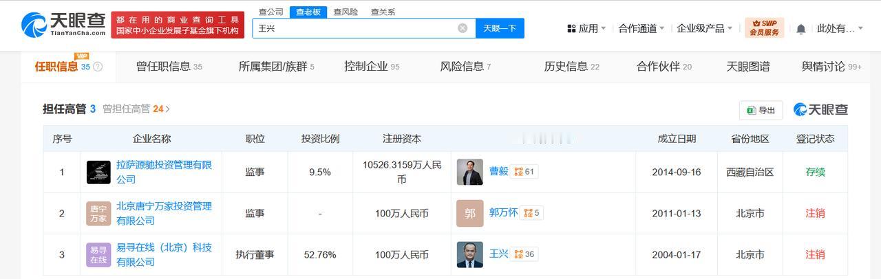 美团王兴名下关联30余家企业盘点美团王兴商业版图天眼查App显示，王兴名下有