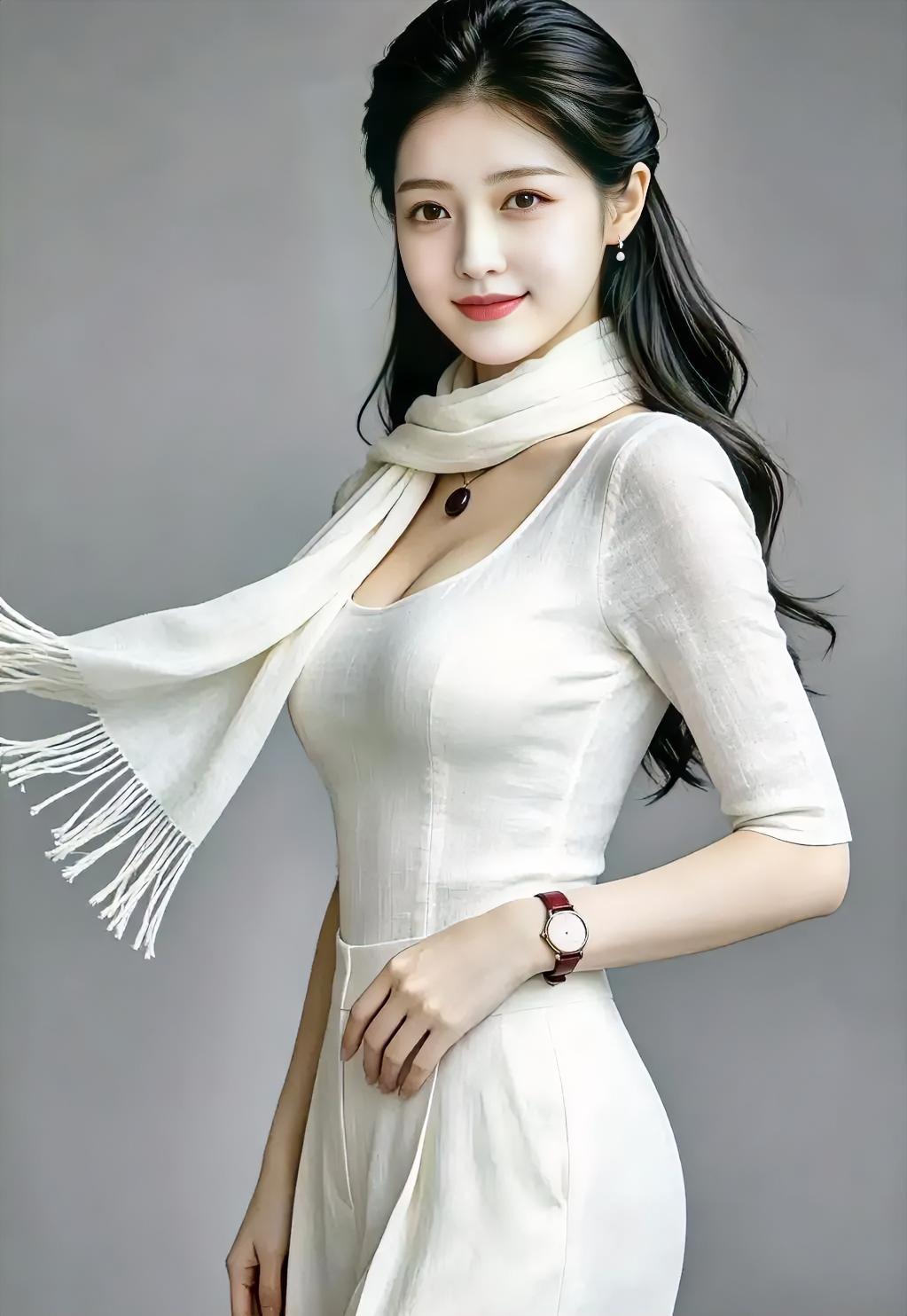 白裙裹着光，围巾轻飞扬。腕间时针慢，笑意正明亮。发丝挽耳后，