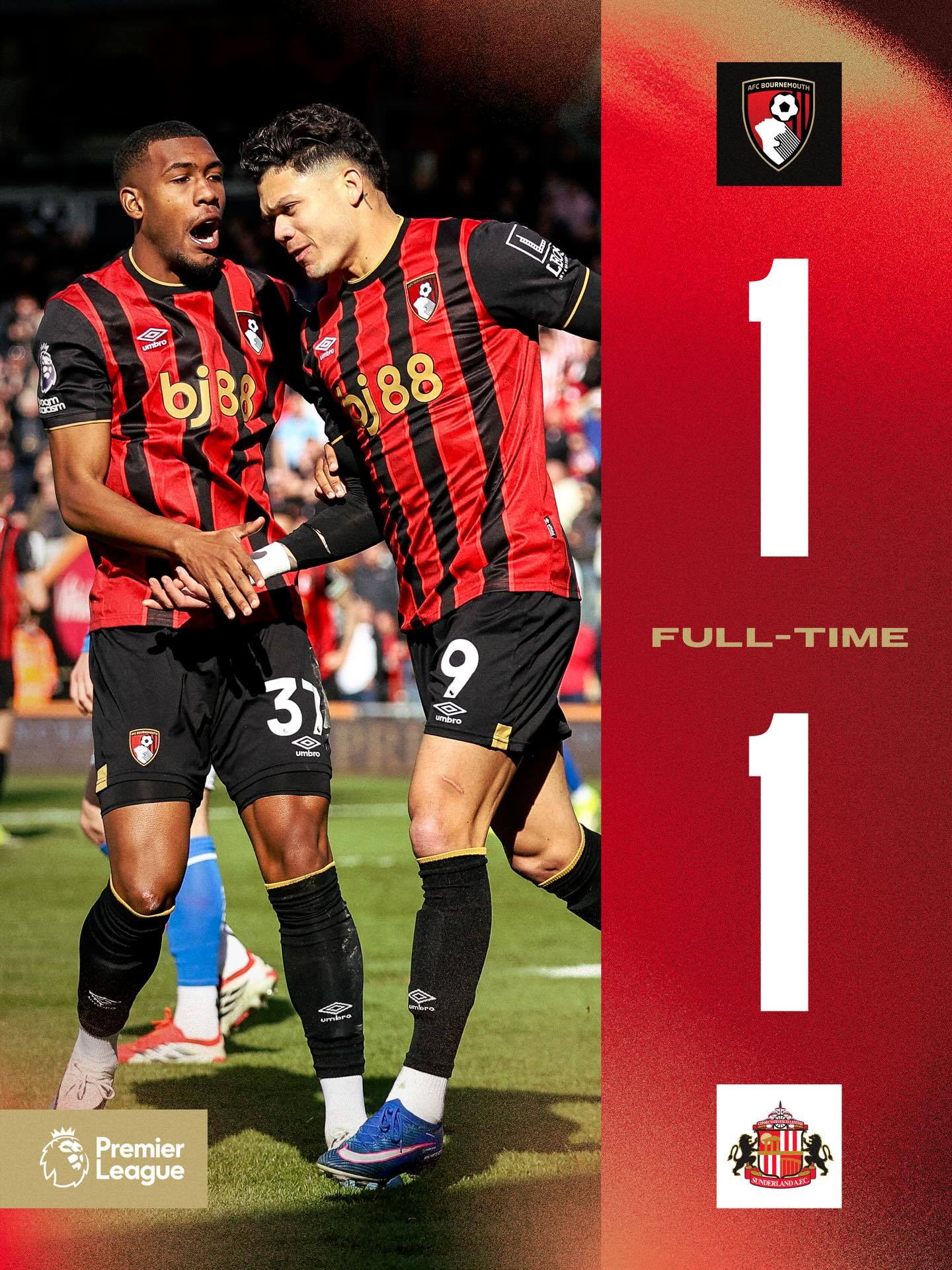 英超伯恩茅斯主场1：1桑德兰队，阿莱克斯·希门尼斯🇪🇸首发打满全场。