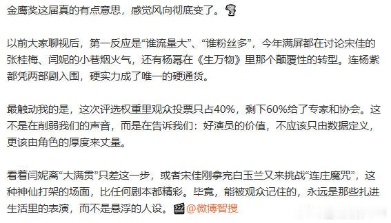 金鹰奖评选权重金鹰奖风向彻底变了本届金鹰奖评选风向大变，观众投票仅占四成，专家