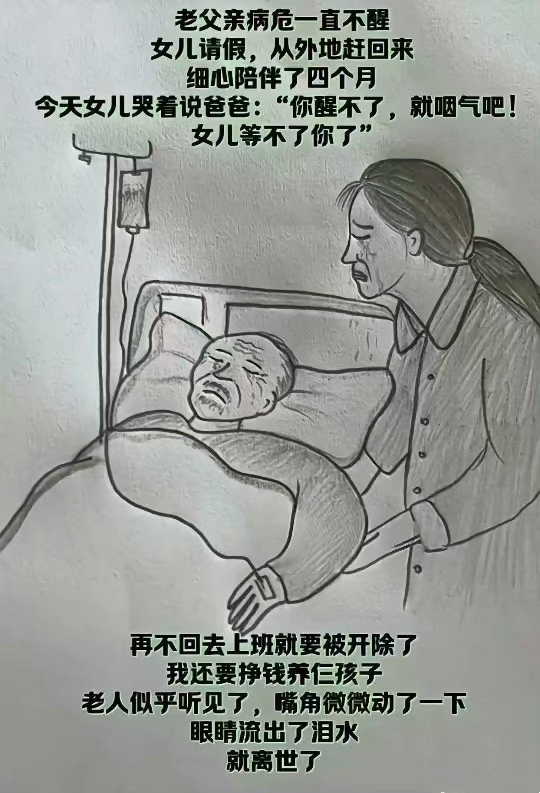 看图说话老父亲病危一直不醒女儿请假，从外地赶回来细心陪伴了四个月今天女儿哭着