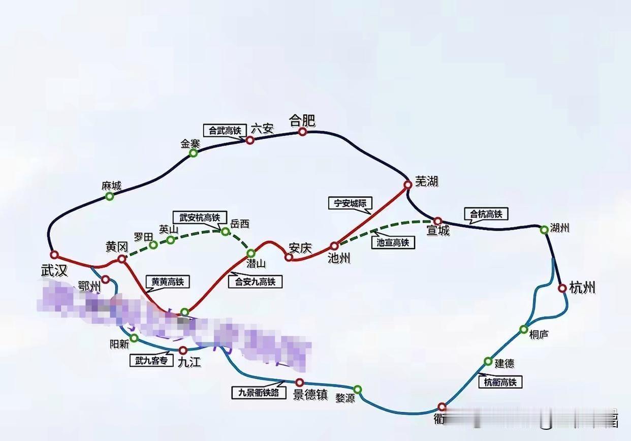 武杭通道既有3条高铁:北线经麻城、金寨、六安市区和合肥，中线经黄冈市区、江北四县