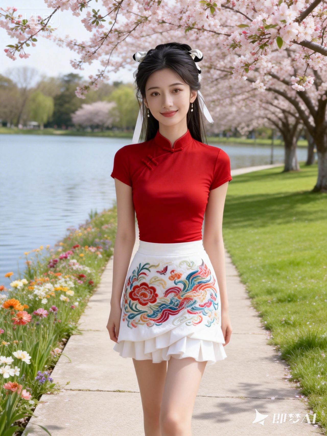 春日漫步，红裙与花海相映成趣
