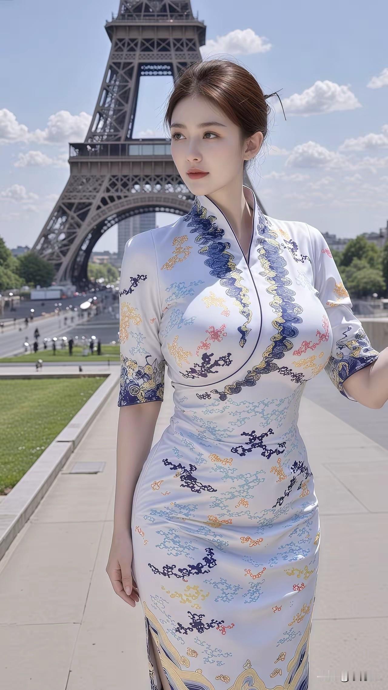 在埃菲尔铁塔前，穿旗袍的东方美人