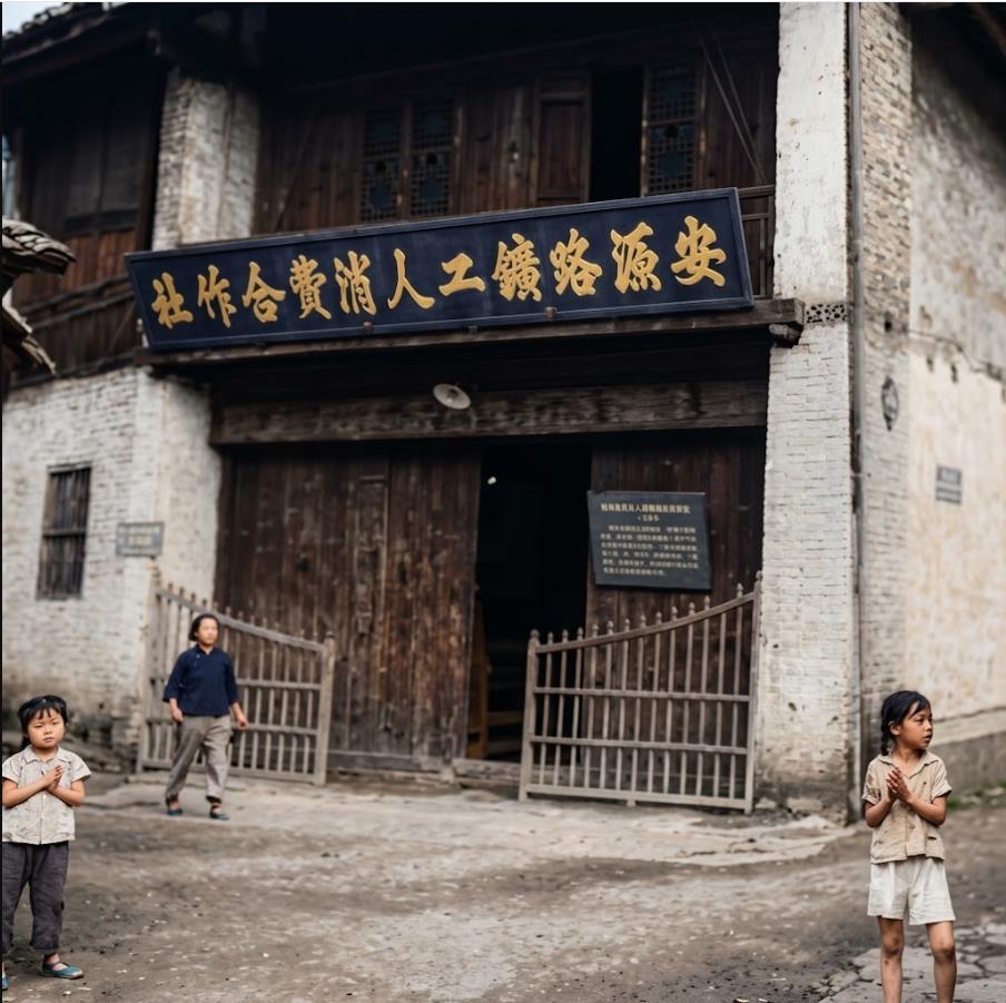 这张老照片是安源路矿工人消费合作社的门面。招牌横悬于旧式砖房之上，木门与铁栅朴素