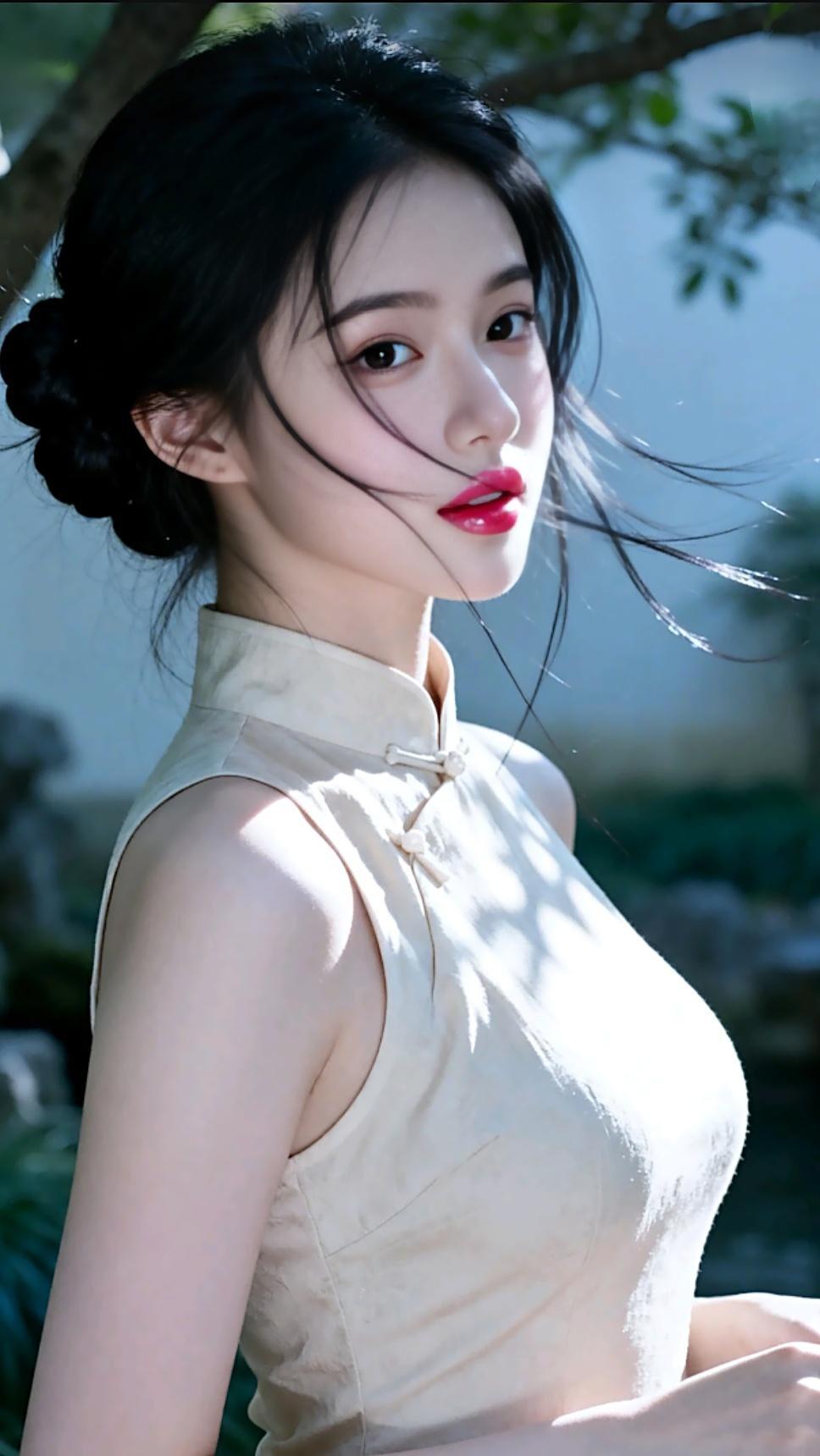 优雅古风少女，红唇轻启，韵味十足。