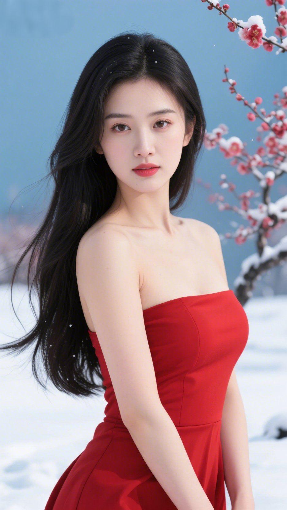 红裙映雪绽梅香晴冷的冬日，雪粒落在红梅枝桠上，蓝天为底，衬得这抹红裙愈发鲜