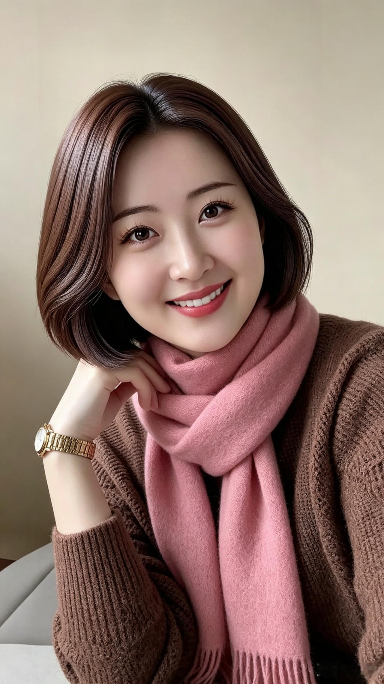 佳人风采真叫高，金表熠熠腕上瞧。褐衣轻裹韵味妙，粉巾飘飘似花娇。各位观者