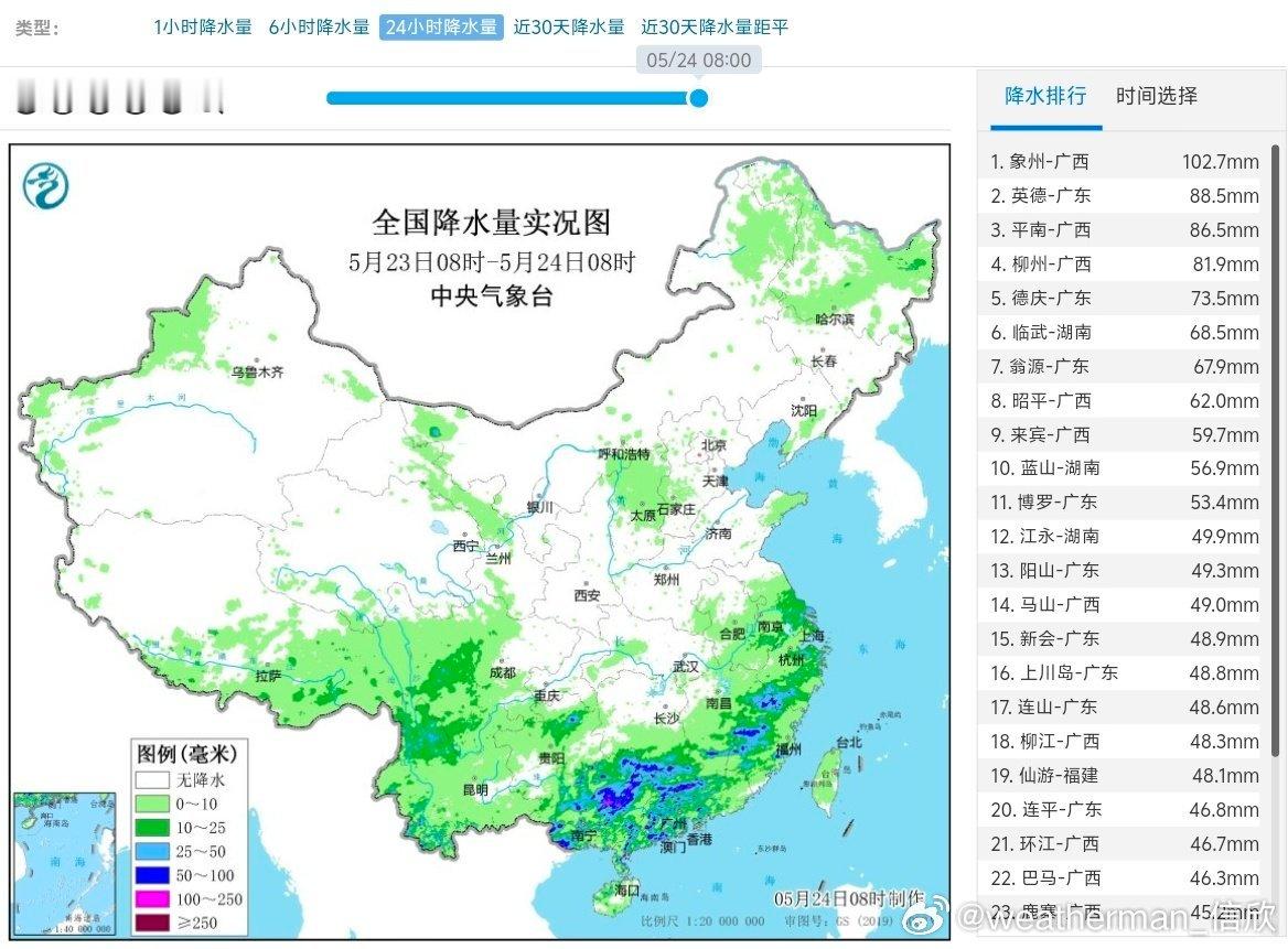 【强降雨和强对流】昨天到今晨，南方的强降雨总体南压，强度开始减弱，不过短时强降雨