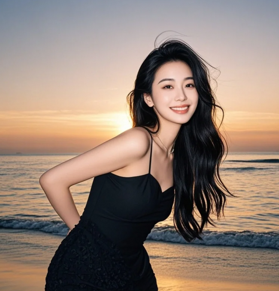 阳光洒落沙滩，长发女孩的优雅姿态令人心动不已