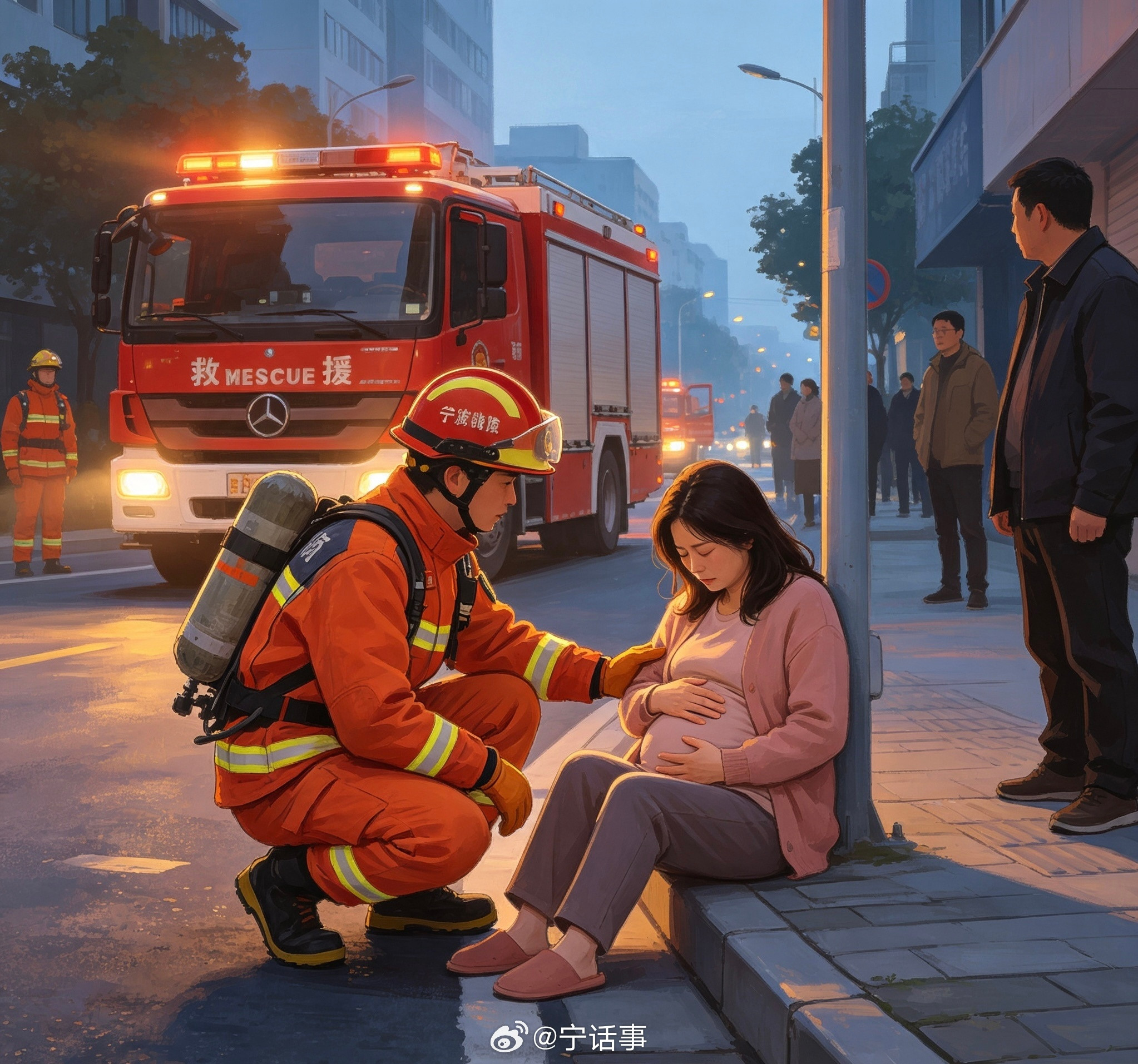 宁波消防员暖心照料路边不适孕妈妈9月24日，浙江宁波一名孕妈妈因空腹太久出现头晕
