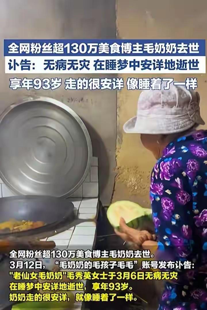 一路走好！全网超130万粉丝的美食博主，93岁“毛奶奶”睡梦中安详离世，粉丝不舍