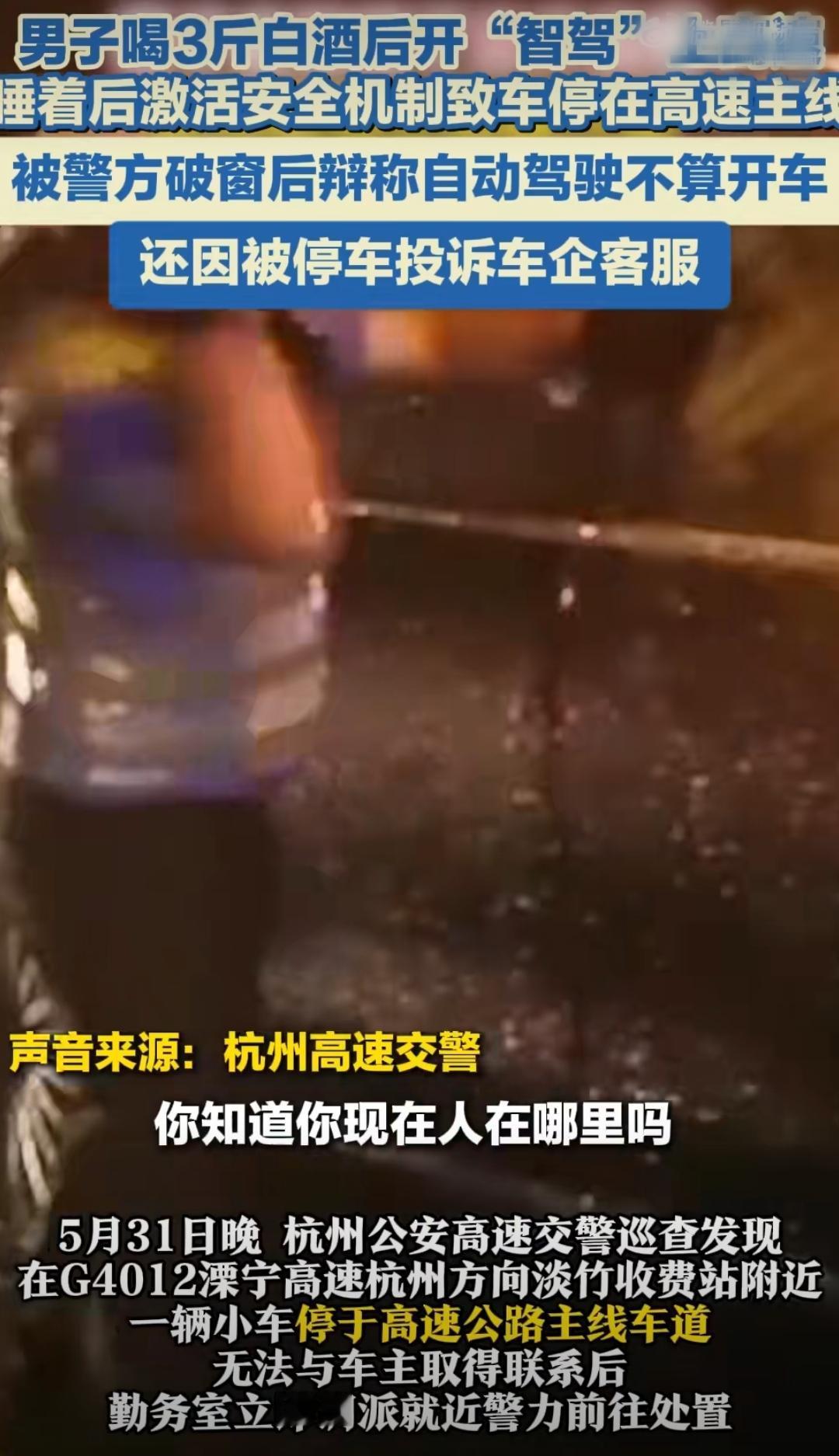 深夜的高速公路上，一辆新能源汽车的双闪灯在雨夜中规律闪烁，驾驶座上的男子紧闭双眼
