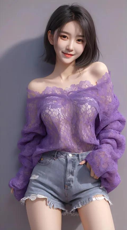 紫色蕾丝露肩上衣搭配牛仔短裤，甜美又时尚！大家认为好看吗？💜👗👖