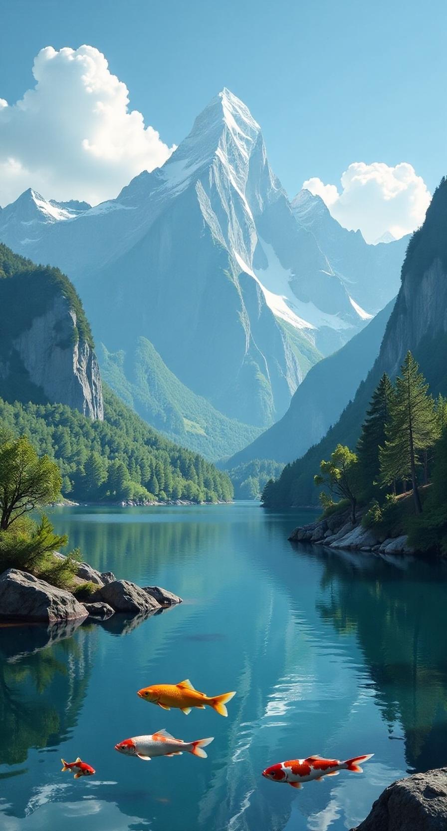 上联：山溪水涨潭鱼跃；白云邀对。下联：林间鸟鸣林果香；青松伴对。