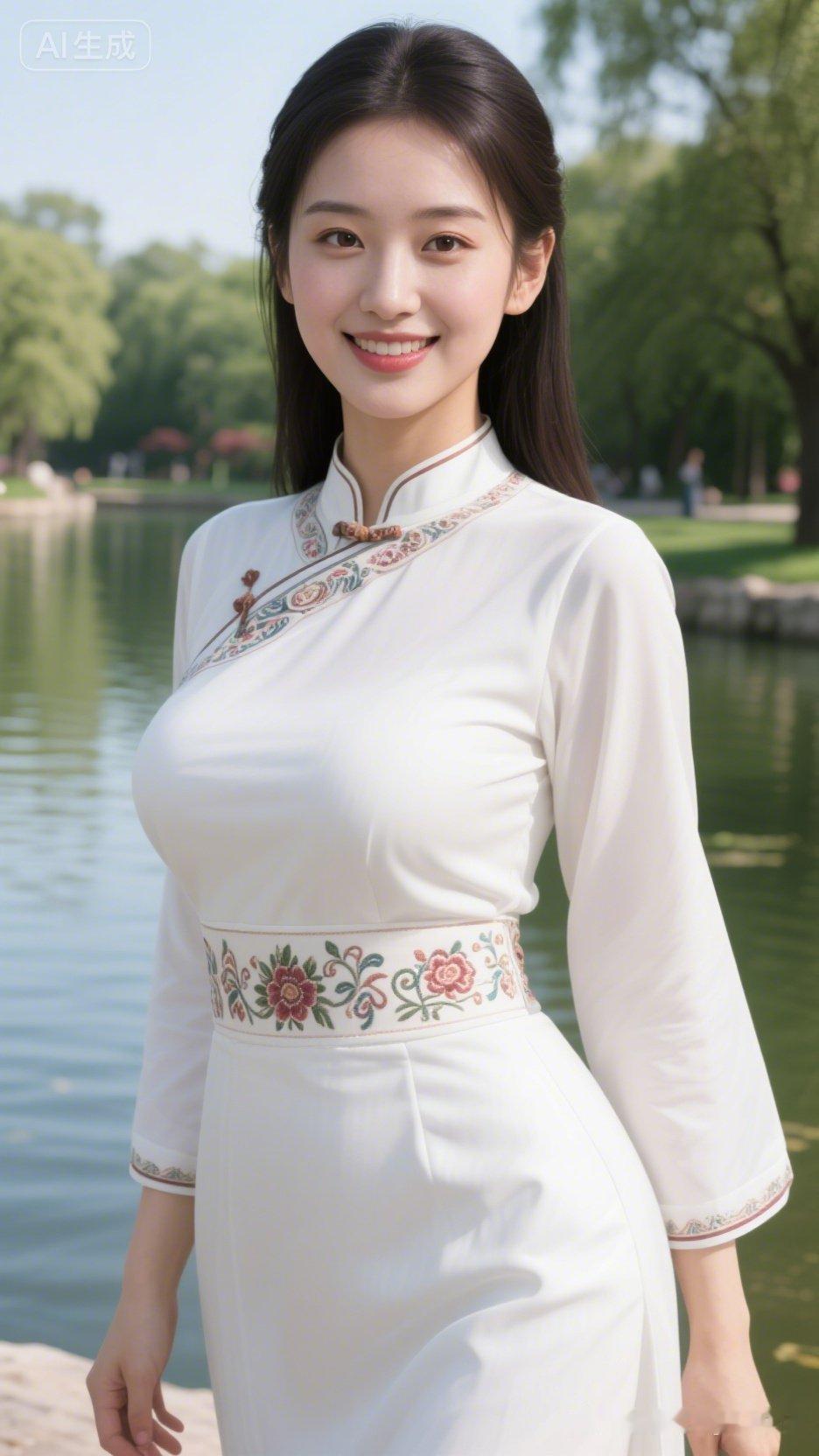 清新脱俗的汉服少女，漫步在湖畔，宛如画中人。