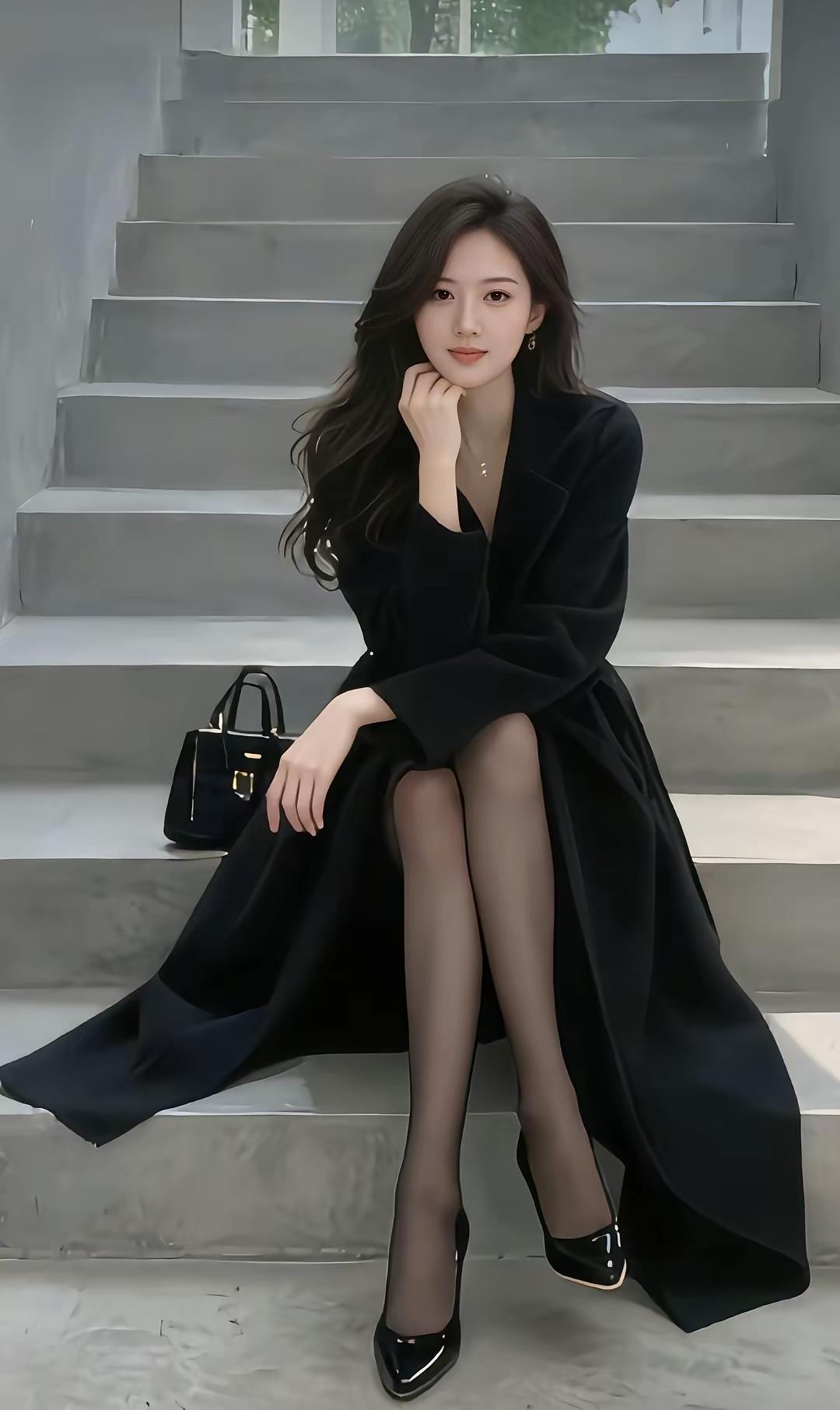 优雅黑裙，时尚街拍，自信女神